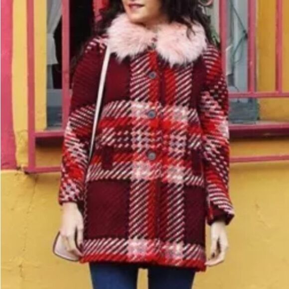 Zara XS Red Pink Tartan Checked Wool Blend Collared Button Down Coat - Picture 1 of 12